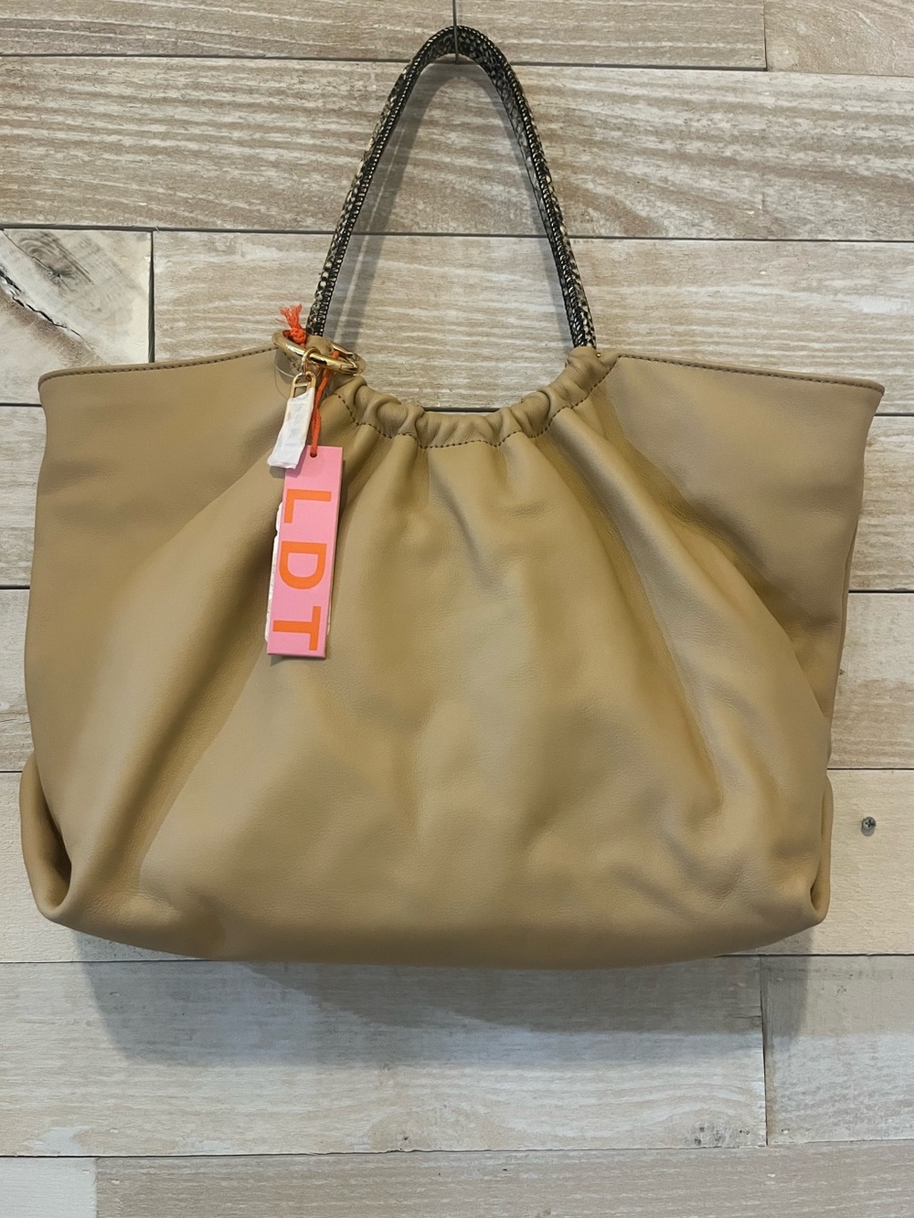 LDT Neutral Tan Hobo Tote with Snake-Pattern Handles NWT Genuine Leather